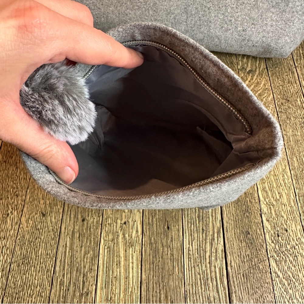 Gray Felt Tote Bag and Matching Small Makeup Bag with PomPoms. - Picture 4 of 7